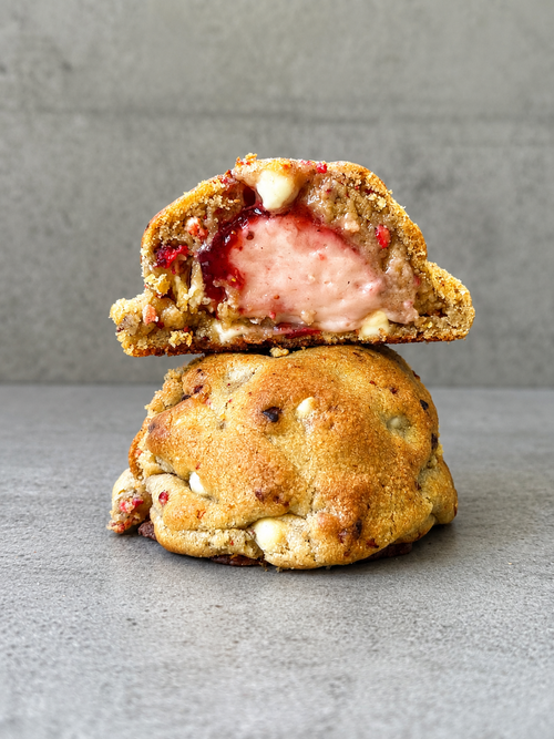 Sweet Berry Belle strawberry cheesecake stuffed cookie close-up