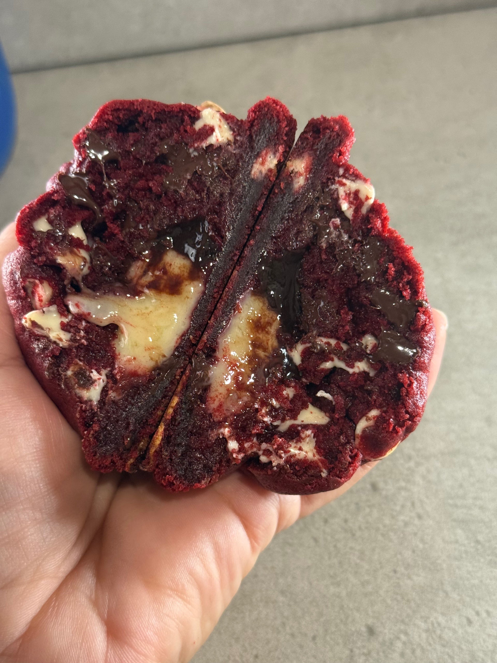 Red Belle red velvet stuffed cookie close-up