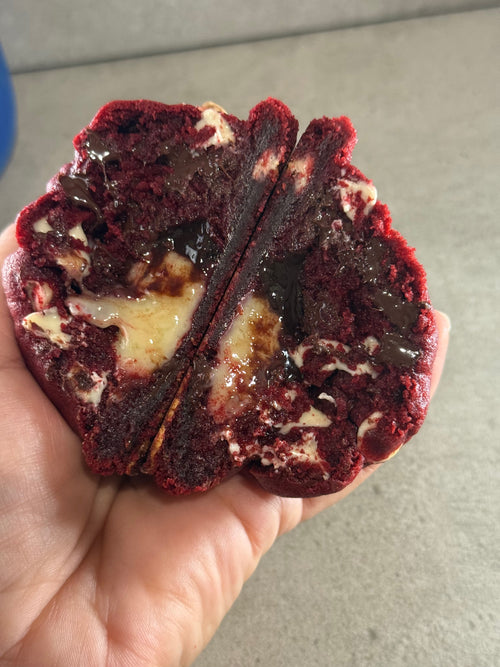 Red Belle red velvet stuffed cookie close-up
