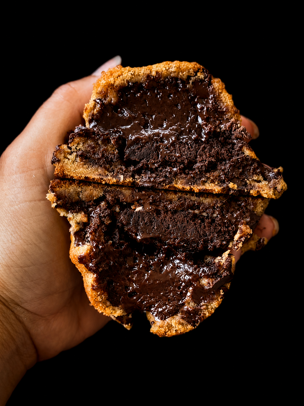 The Brookie chocolate chip brownie stuffed cookie close-up